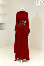 Cocoslly Long Sleeves High Waist Long Prom Dress With Pleated And Beading Pearls | Cabemet Chiffon ZA0710