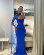 Tulle V-Neck Strapless Sleeveless Long Mermaid Prom Dress With Sequins And Ruffles YK0184
