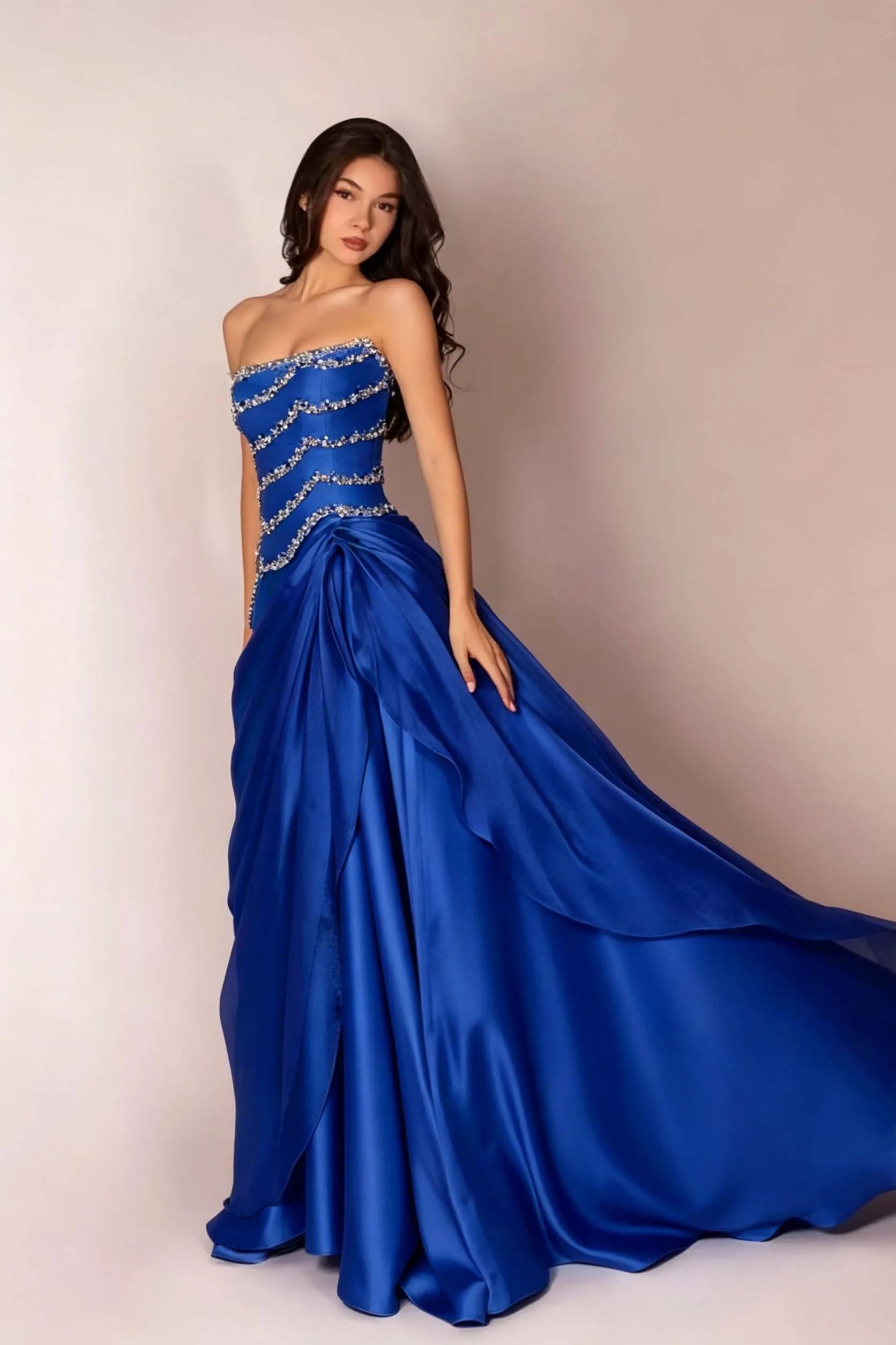 Cocoslly Strapless Sleeveless High Waist Long Prom Dress With Rhinstone And Beading Pearls | Baby Blue Satin LR0577