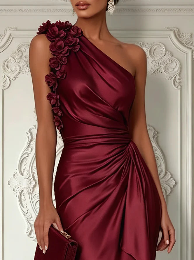 Burgundy 3D Floral Ruched Satin One Shoulder Sleeveless Sheath Floor-length Gown Dress