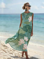 Vintage Lotus Art Pattern Linen Blend Loose Vest Dress