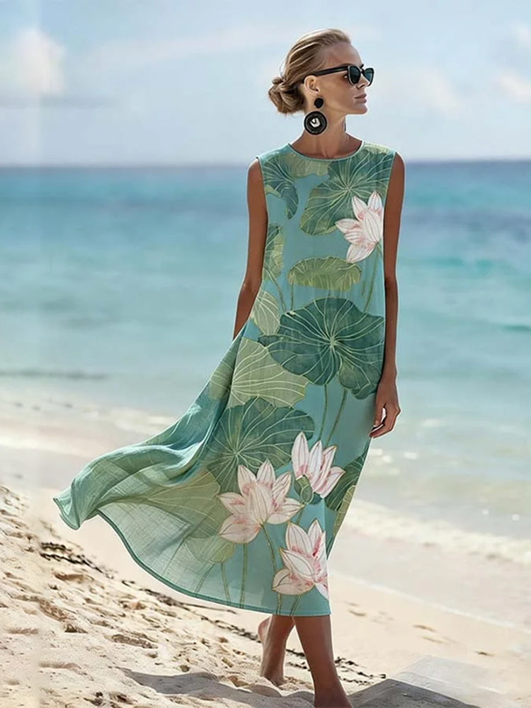Vintage Lotus Art Pattern Linen Blend Loose Vest Dress