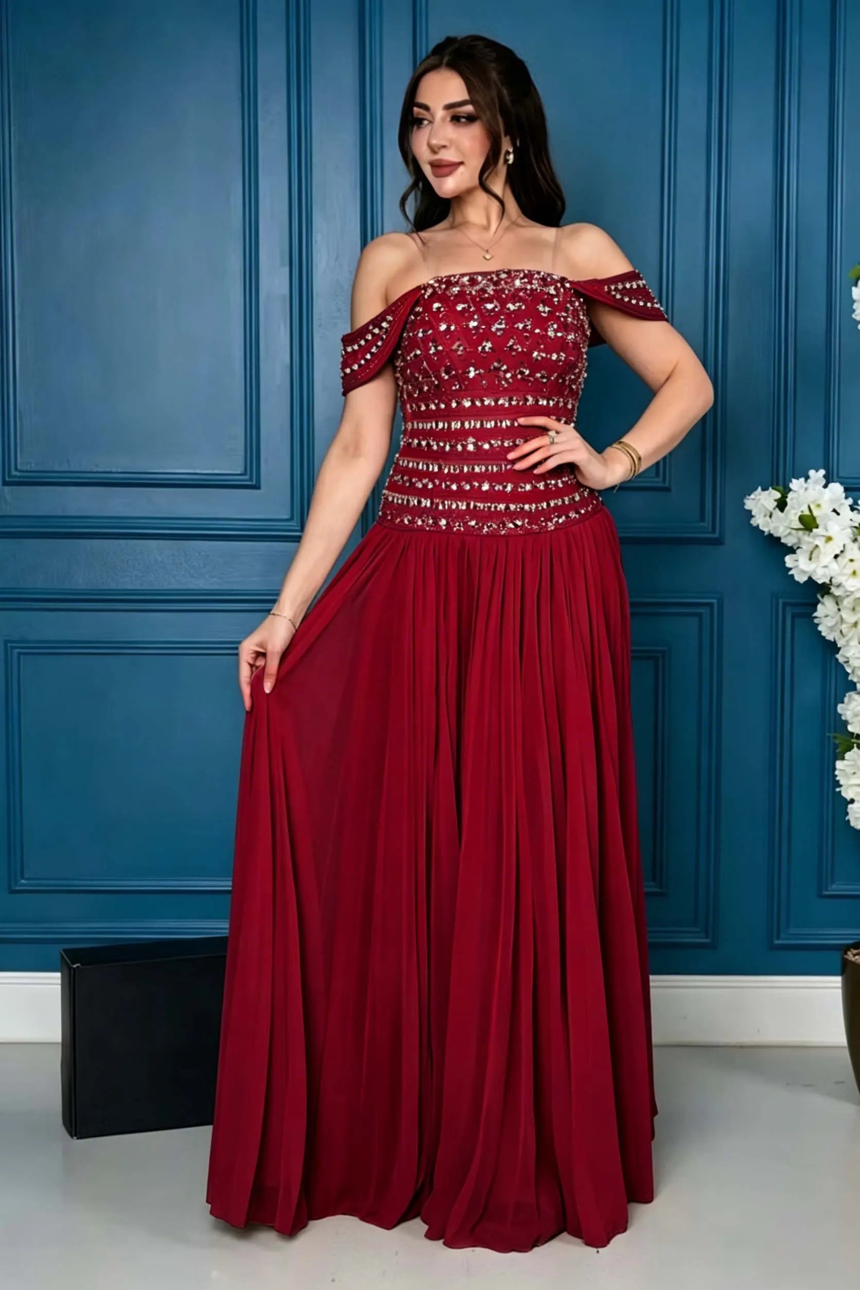Cocoslly Off-The-Shoulder Sleeveless High Waist Long Prom Dress With Rhinstone | Champage Chiffon LR0566