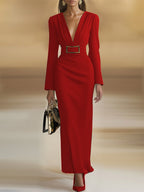 Green Classic Deep V Neck Long Sleeve Sheath Maxi Dress