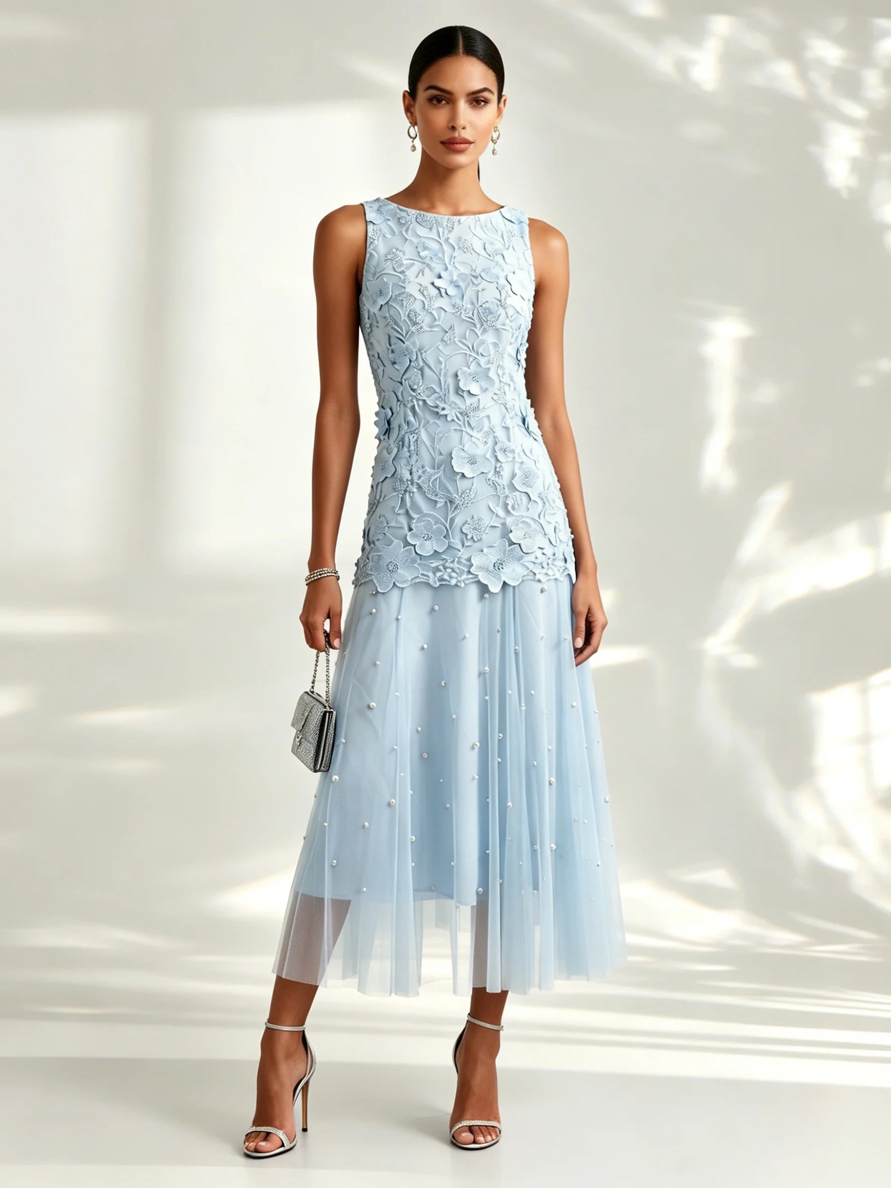 Light Blue Lace Lace Boat Neck Sleeveless A-Line Maxi Dress