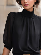 Mock Neck Chiffon Puff Sleeve Blouse