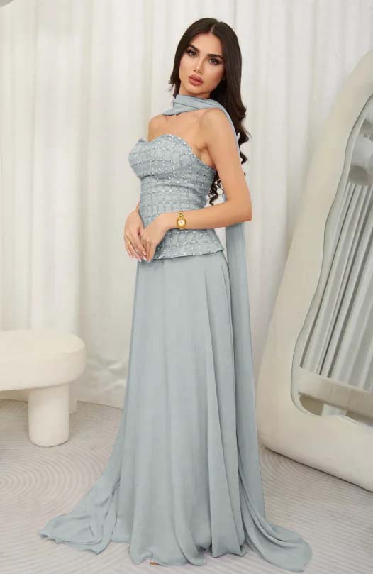 Cocoslly Strapless Sleeveless High Waist Long Prom Dress With Rhinstone And Scarf | Lilac Chiffon JZ0099