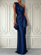 Burgundy 3D Floral Ruched Satin One Shoulder Sleeveless Sheath Floor-length Gown Dress
