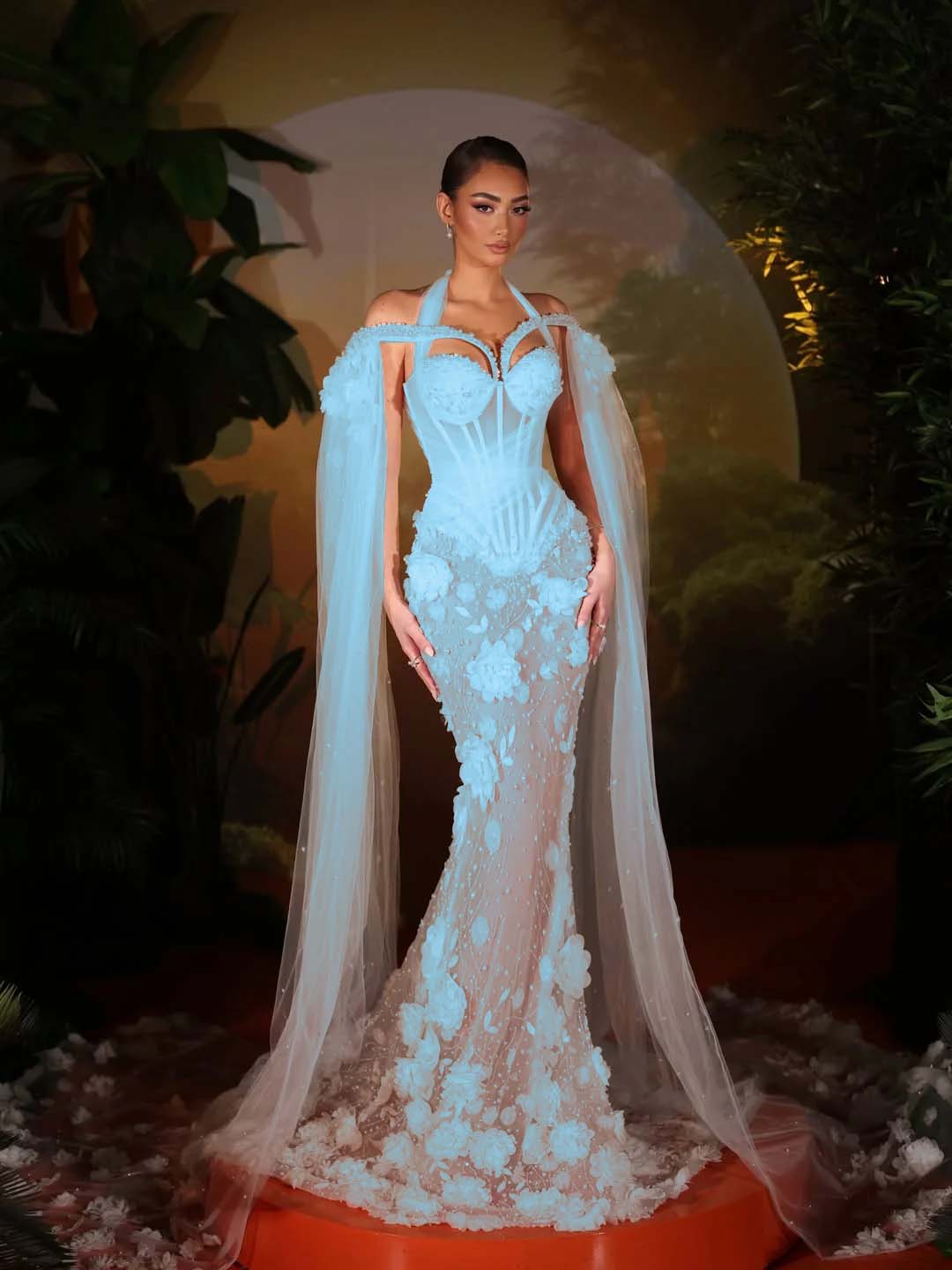 Tulle Halter V-Neck Off-The-Shoulder Sleeveless Long Mermaid Prom Dress With Flowers And Beadings YK0774