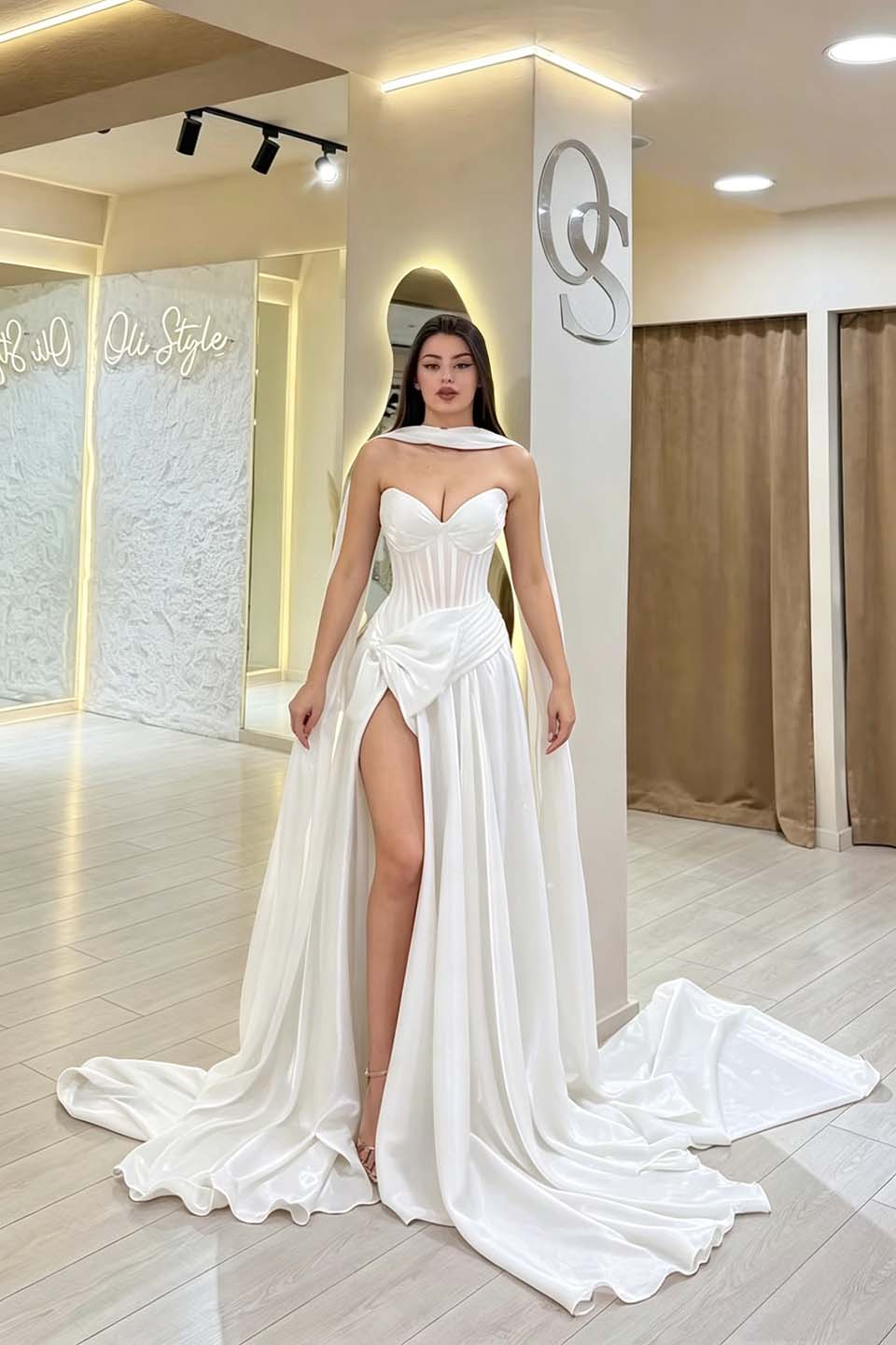 Cocoslly Strapless Sweetheart Sleeveless High Waist Long Split Prom Dress With Scarf | Burgundy Satin YC0479