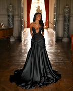 Satin Deep V-Neck Strapless Sleeveless Long Pleated Mermaid Prom Dress With Ruffles And Beadings YK0644