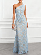 Light Blue Lace Jacquard One Shoulder Sleeveless Mermaid Floor-length Gown Dress