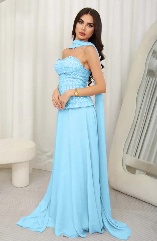 Cocoslly Strapless Sleeveless High Waist Long Prom Dress With Rhinstone And Scarf | Lilac Chiffon JZ0099