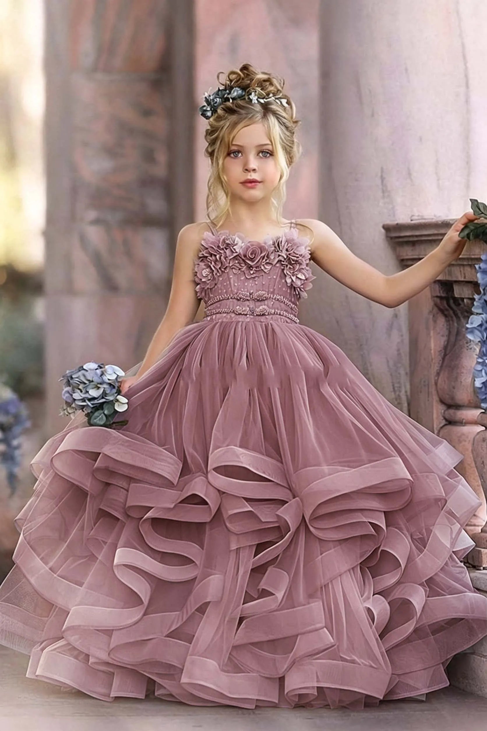 Cocoslly Spaghetti Straps  Sleeveless Flower Girl Dress With Appliques And Rhinstone | Dusty Blue Tulle FL0020