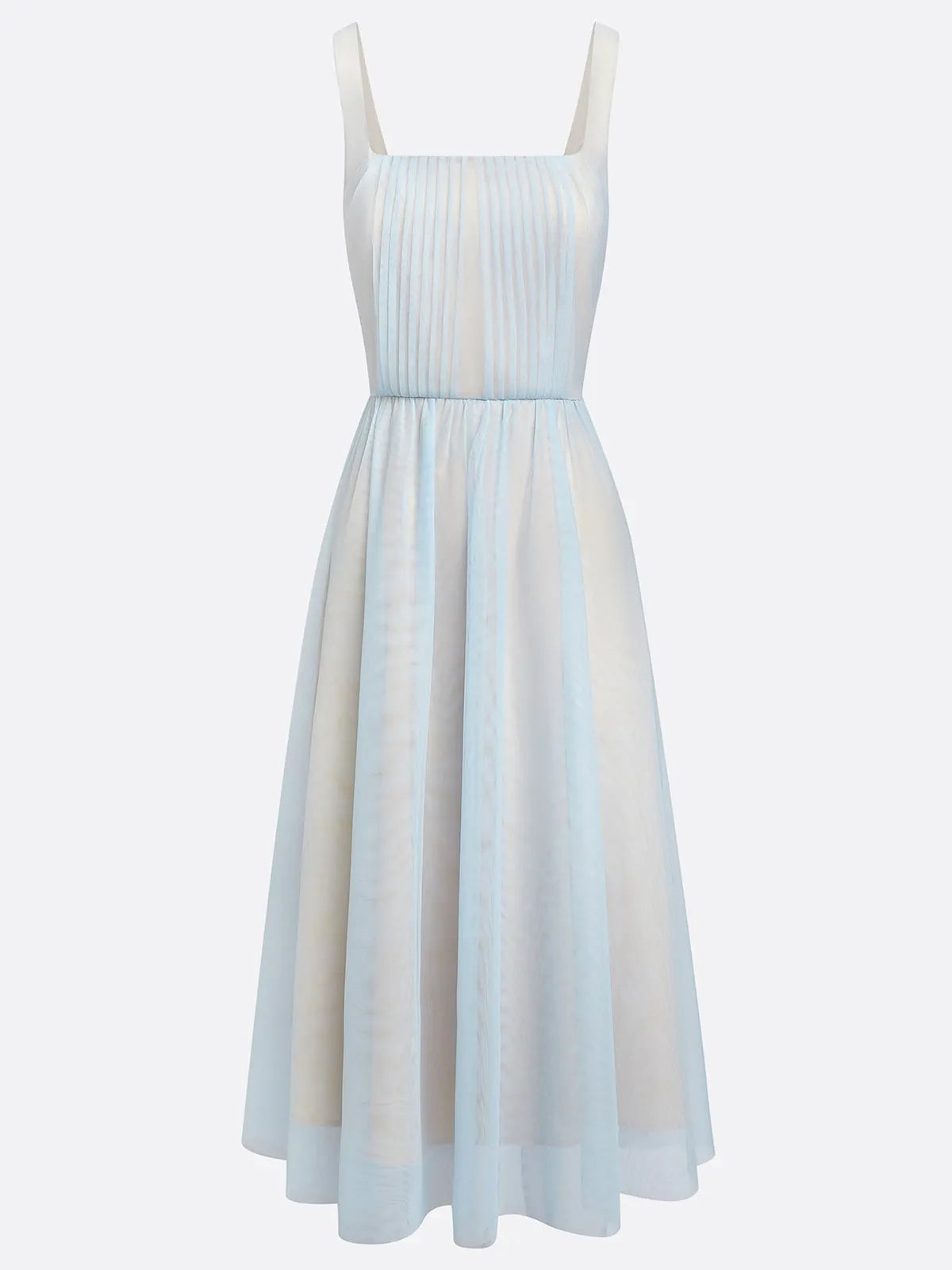 Light Blue Ruched Classic Square Neck Sleeveless A-Line Midi Dress