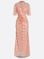 Peach Mesh Lace Crew Neck Half Sleeve Sheath Gown Dress