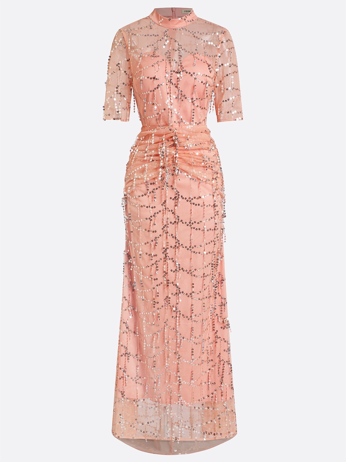 Peach Mesh Lace Crew Neck Half Sleeve Sheath Gown Dress