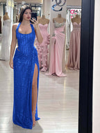 Sequins Halter Sleeveless Long Mermaid Prom Dress With Split YK0358