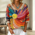 Women's Hippie Style Colorful Patchwork Art Cotton And Linen Short Sleeve Top