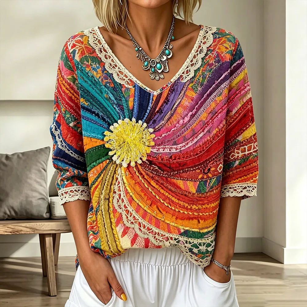 Women's Hippie Style Colorful Patchwork Art Cotton And Linen Short Sleeve Top