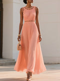 Orange Hollow Out Pleated Chiffon Crew Neck Sleeveless A-Line Maxi Dress