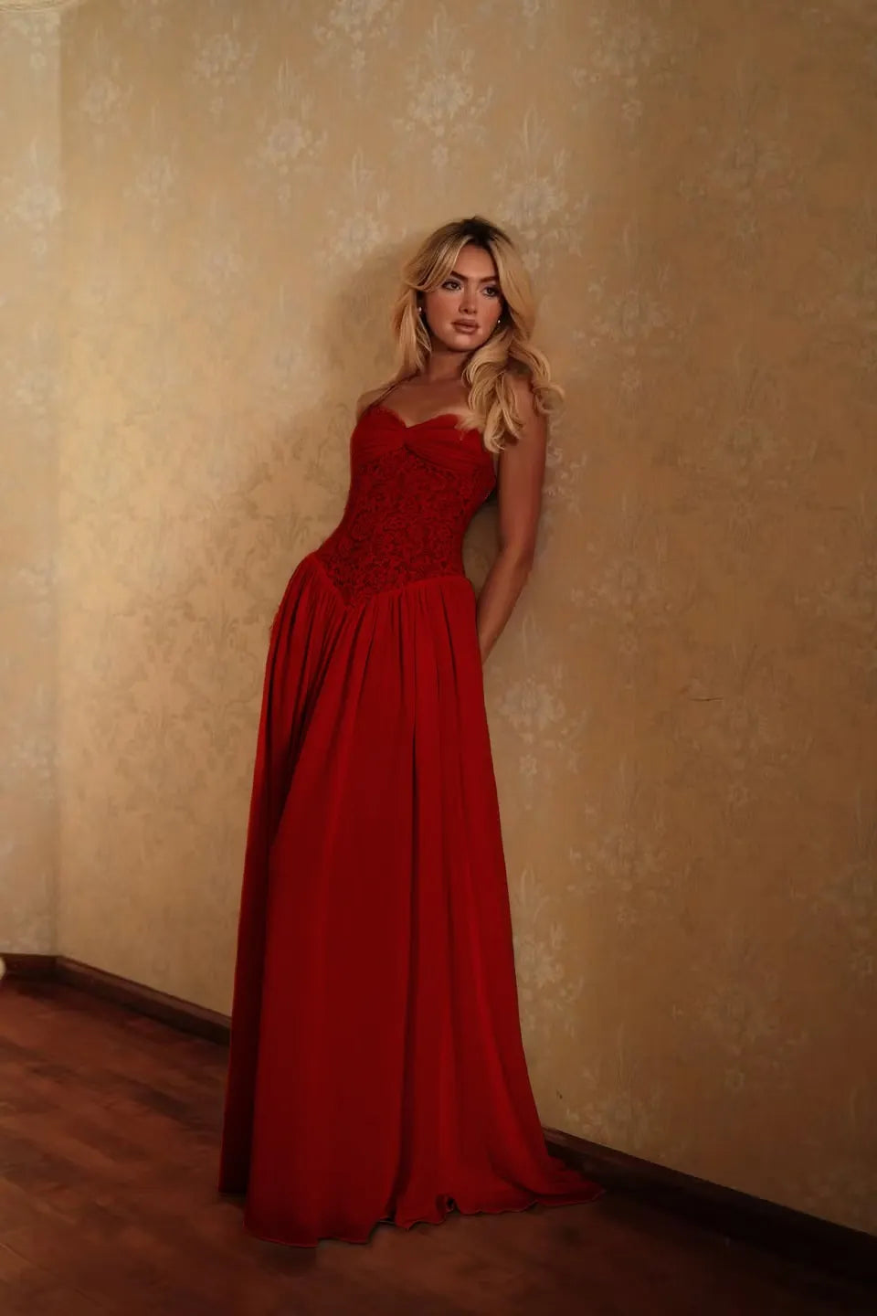 Cocoslly Spaghetti Straps Sleeveless High Waist Long Prom Dress | Glod Champage Chiffon YC0559