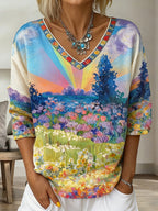 Women's Vintage Floral In Gradient Art Print Flowy Linen Blend  Three-quarter Sleeve V Neck Linen Tops