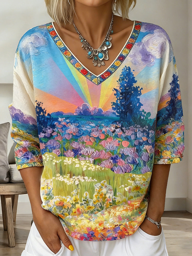 Women's Vintage Floral In Gradient Art Print Flowy Linen Blend  Three-quarter Sleeve V Neck Linen Tops