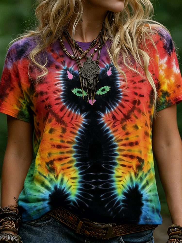 Women's Hippie Rainbow Abstract Cat Tie-dye Pattern Casual T-shirt