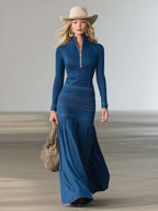 Women鈥檚 Structured Denim Zip Front Long Sleeve Maxi Dress