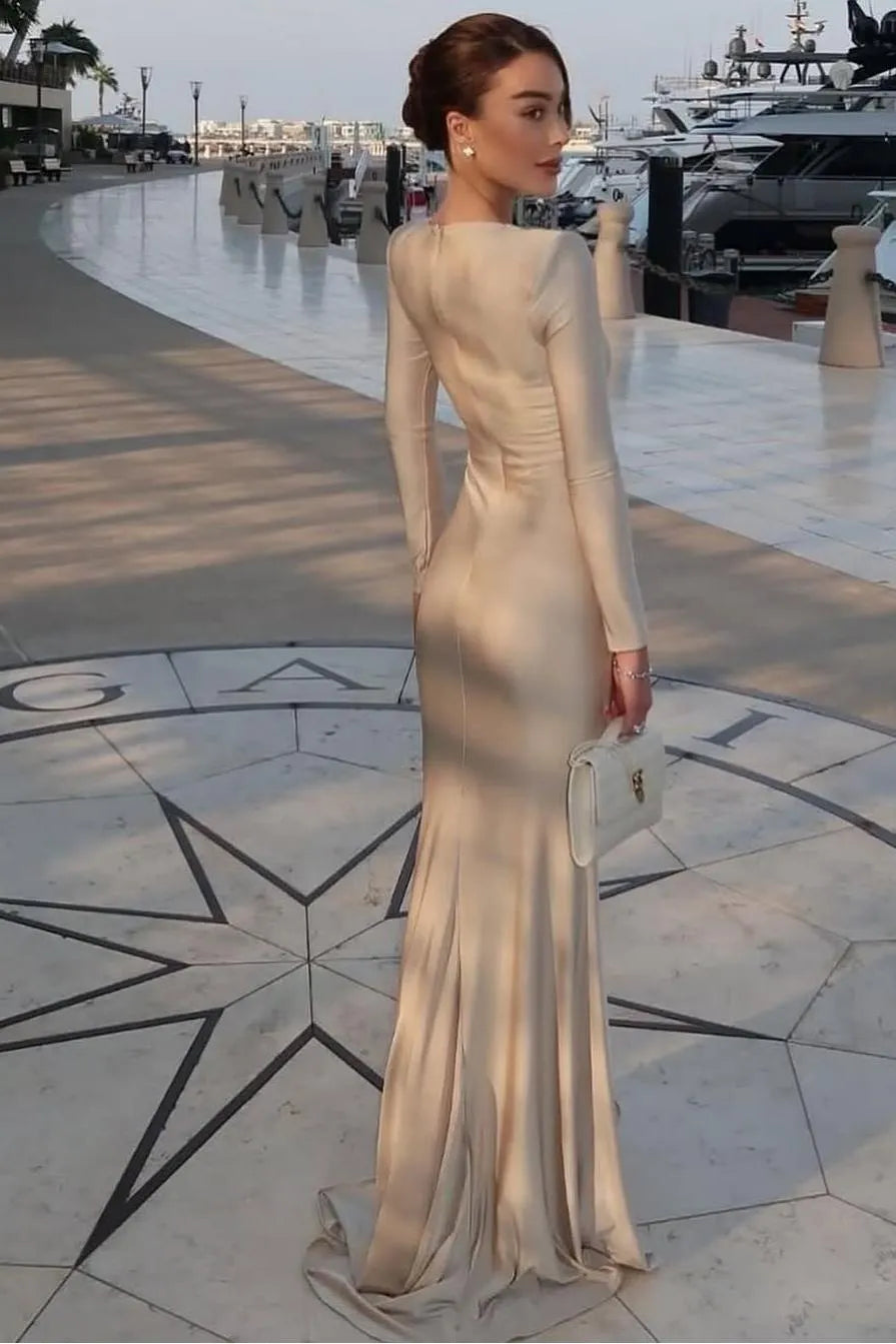 Chic Jewel Long Sleeves Mermaid Long Prom Dress With Pleated XJ0364
