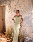 Off-The-Shoulder Strapless Sleeveless Long Pleated Mermaid Prom Dress With Sequins And Ruffle YK0709