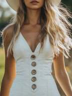 Retro Casual V-Neck Front Button White Denim Mini Dress