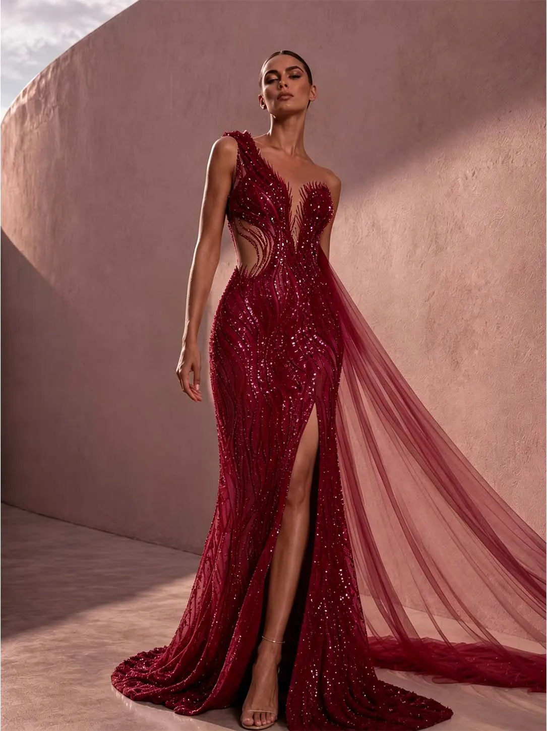 Cocoslly One Shoulder Sleeveless High Waist Long Split Prom Dress With Beading Pearls | Dusty Rose Tulle LX0088