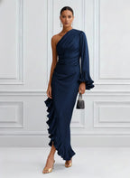 Navy Blue Ruffled Satin One Shoulder Long Sleeve Bell Sleeve Sheath Maxi Dress