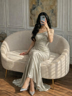Cocoslly Spaghetti Straps Sleeveless High Waist Long Mermaid Prom Dress With PLeated | Ivory Chiffon CO0043