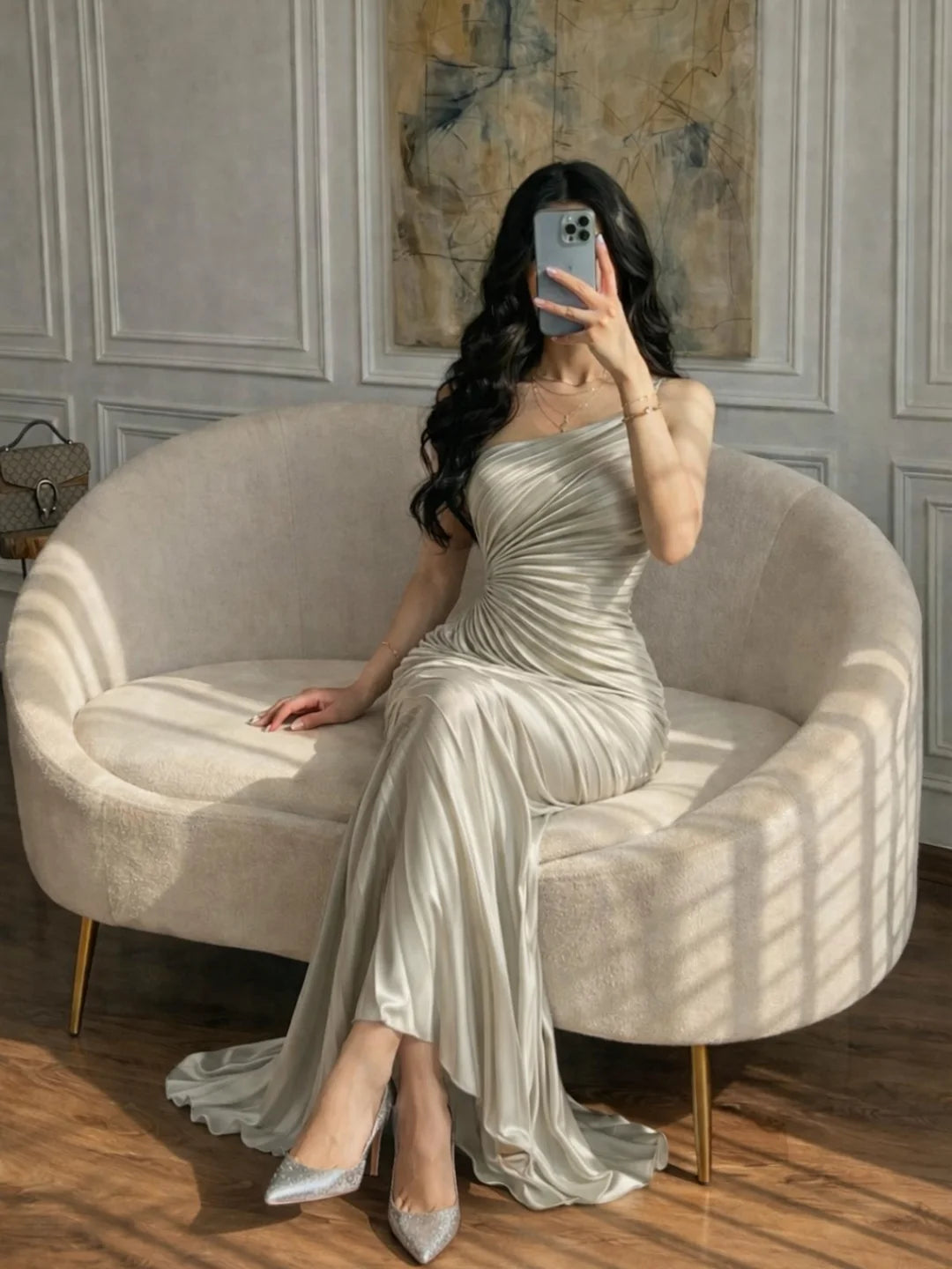 Cocoslly Spaghetti Straps Sleeveless High Waist Long Mermaid Prom Dress With PLeated | Ivory Chiffon CO0043
