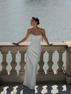 Cocoslly Strapless Sleeveless High Waist Long Prom Dress With Appliques | Pink Satin LX0113