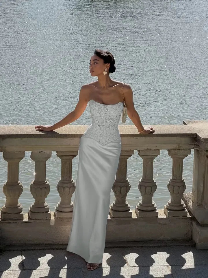 Cocoslly Strapless Sleeveless High Waist Long Prom Dress With Appliques | Pink Satin LX0113