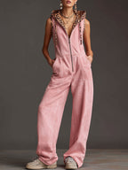 Western Retro Pink Faux Suede Sleeveless Leopard Print Hooded Wide-Leg Jumpsuit