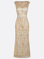 Champagne Embroidery Lace Boat Neck Sleeveless Sheath Maxi Dress