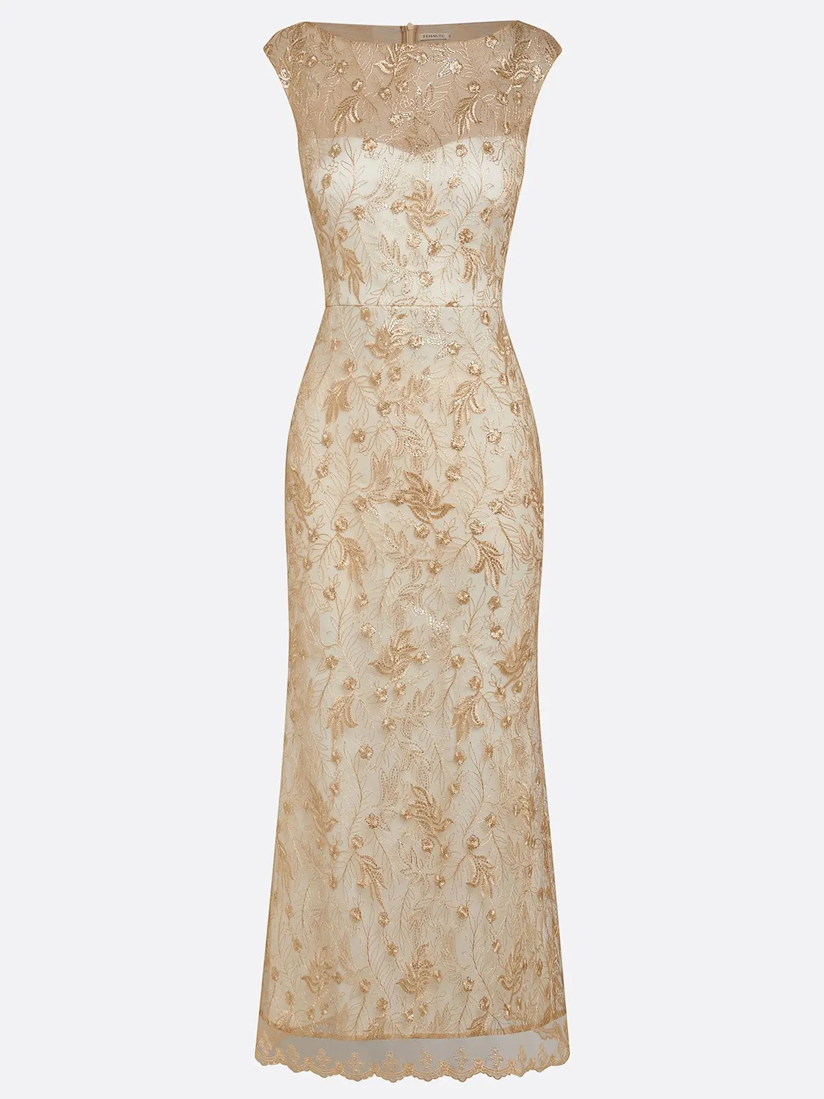 Champagne Embroidery Lace Boat Neck Sleeveless Sheath Maxi Dress