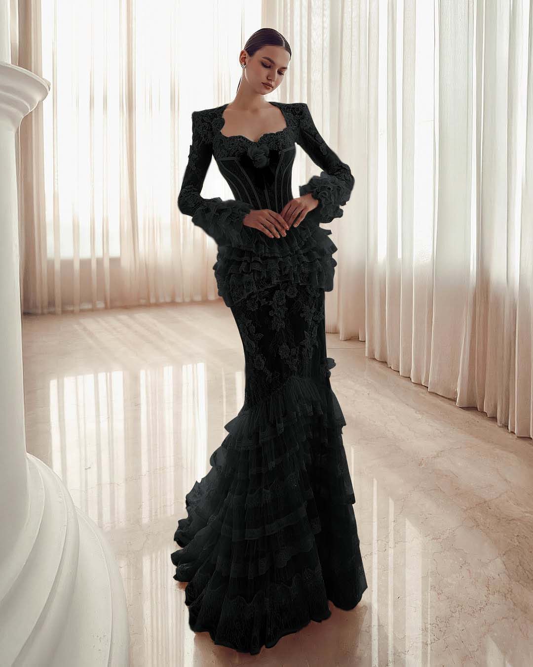 Long Sleeves Sweetheart Long Mermaid Prom Dress With Lace Appliques YK0181