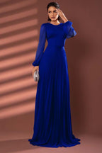 Chiffon Jewel Neck Long Sleeves Long Prom Dress With Pleated WQ0258