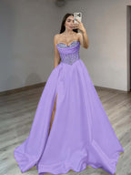 Satin Sweetheart Sleeveless Long Pleated A-Line Prom Dress With Rhinstone And Split YK0584
