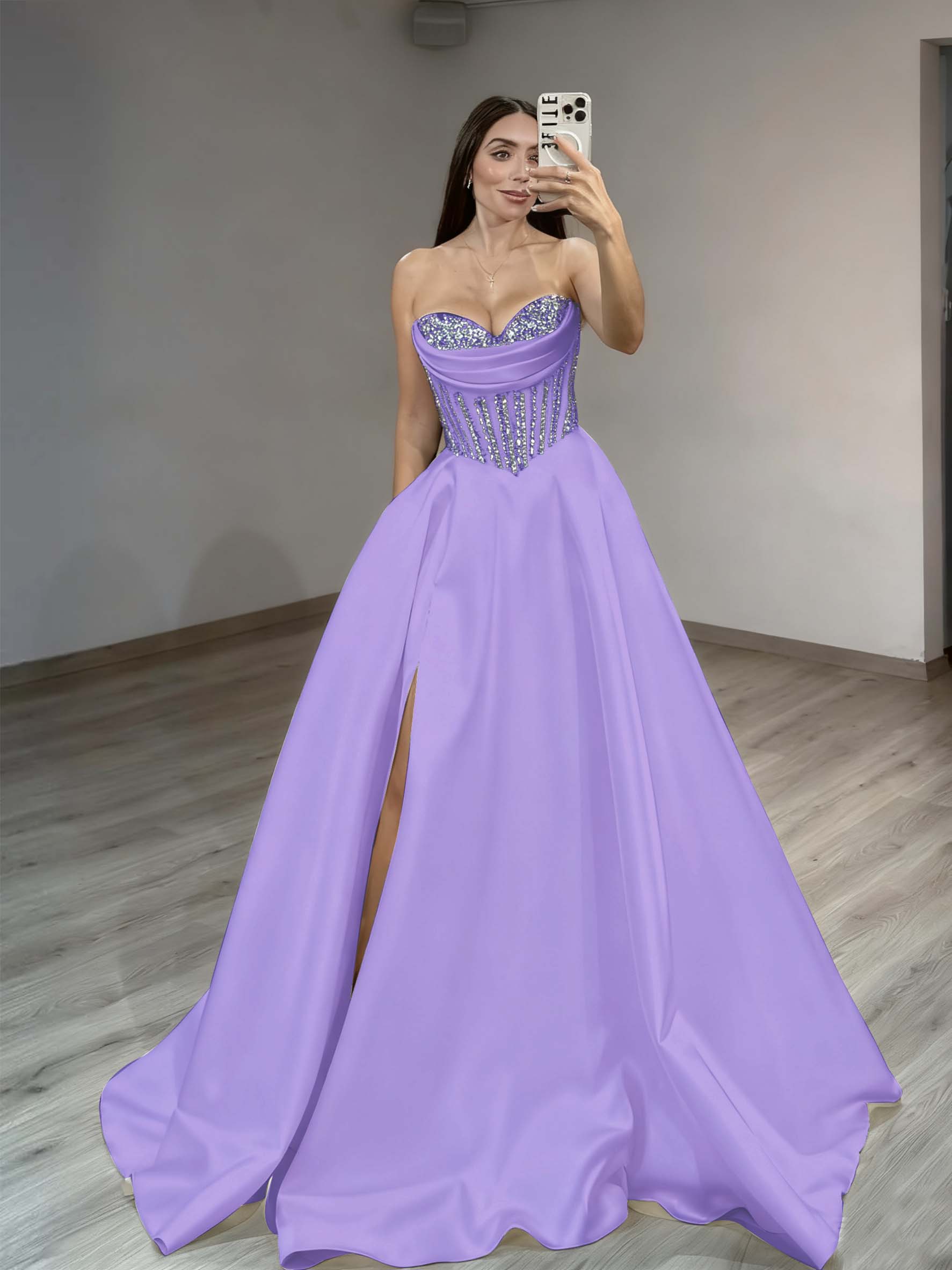 Satin Sweetheart Sleeveless Long Pleated A-Line Prom Dress With Rhinstone And Split YK0584