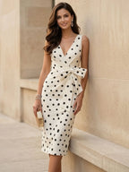 White Polka Dots Bow Classic V Neck Sleeveless Sheath Midi Dress