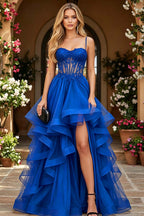 Cocoslly Spaghetti Straps Sleeveless High Waist Long Prom Dress With Beading Pearls And Split | Black Tulle LR0136