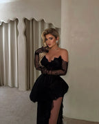 Cocoslly Strapless Sleeveless Long Mermaid Prom Dress With Gloves And Deep Split | Black Lace CO0034