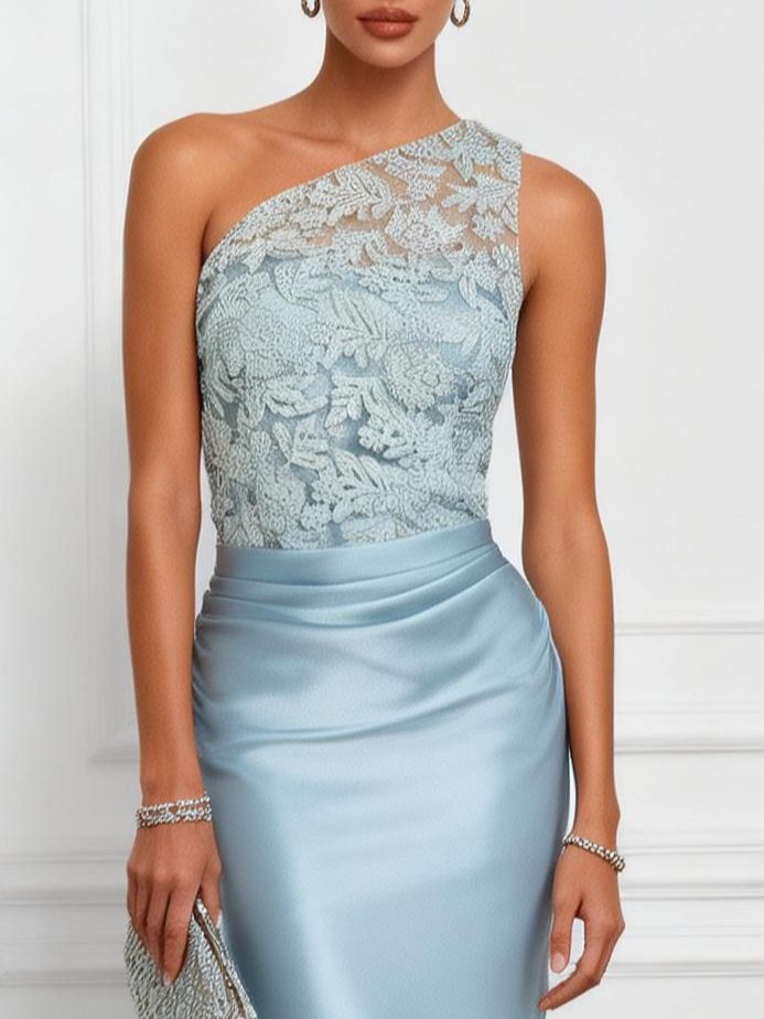 Light Blue Lace Embroidery Ruched Satin One Shoulder Sleeveless Mermaid Floor-length Gown Dress